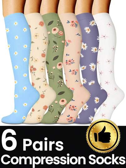 6 Pairs Non-Slip Floral-Patterned Compression Socks|High Support For Travel/Sports|Breathable For Office/School/Outdoor|Holiday Gifts Unisex