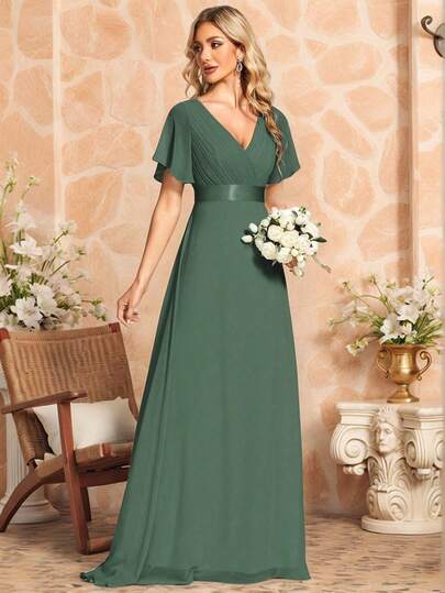 Elegant V-Neck Ruffle Butterfly Sleeve Blue Bridesmaid Dress, Guest Dress For Spring Semi-Formal Occasions Like Wedding, Birthday Party, Graduation, Valentine's Day