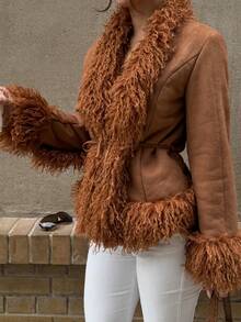 Brązowa kurtka damska SOLTRB z futra syntetycznego w stylu vintage, idealna na wakacje i sylwestra - Brązowy - Zobacz 2
