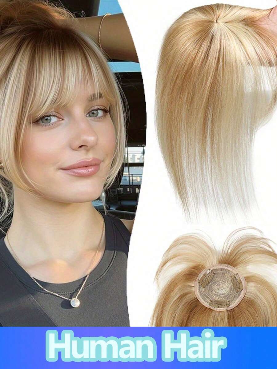 Real Human Hair Topper With Bangs Golden Brown Mixed Blonde Straight Hair Extension For Women Daily Wear Fashion Clip-In Style Brown Ombre Blonde 8 10 Inch Perfect For Updos & Ponytails 3pcs Secure Clips