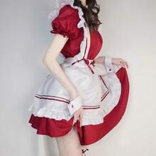 1pc Cute & Sweet Minimalist Innocent Moe-Style Maid Cafe Costume: Ruffle Trim Satin Waist Dress Skirt + Bow Tie Apron + Headband, Suitable For Anime Convention Cosplay, Photoshoot - Multicolor - View 3