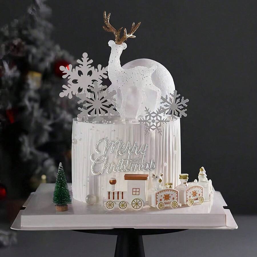 1Pc/8Pcs/Set Christmas Cake Topper Set White Deer Snowflake Merry Christmas Sign Mini Train Christmas Tree Cake Decorations For Xmas Party Birthday Cake Baking Suppli - Multicolor - View 1