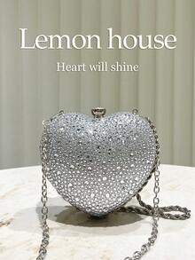 1 buah Tas Clutch Berbentuk Hati Berkilau Perak Glamor dengan Rhinestone, Tas Tangan Asimetris Mini Berbentuk Hati yang Lucu dan Berkilau, Cocok untuk Pesta Malam, Pernikahan, Perayaan, Hadiah untuk Wanita - Perak - View 2