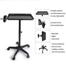 Carro de bandeja para salón de belleza con altura ajustable, bandeja rodante de aluminio para tatuajes, carrito con soporte para secador de pelo para tienda de tatuajes, peluquería, salón de masajes, color negro - Negro - Ver 3