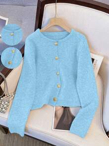 1pc Solid Color Front Button Round Neck Casual Loose Minimalist Metal Button Long Sleeve Sweater, Versatile Spring/Winter Tops For Women - Baby Blue - View 8
