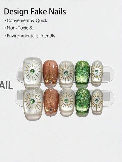Pure Hand-Pressed Short Square White False Nails, Medium-Sized False Nails, Bosimi Style Green Design, Nail Glue, Glossy Full-Coverage Artificial Acrylic Green Nail Sticks, 10 Pieces For Women's Manicure