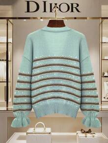 Women's Color-Block Striped Top, V-Neck Long-Sleeved Lace-Trimmed Button-Down Cardigan Sweater With Pockets, For Casual And Streetwear, Suitable For All Seasons And Highly Popular, Office For Women, Women's Outwear Tops, Women's Cardigans,Christmas Sweater,Thanksgiving For Women.