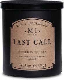 Vela en frasco Manly Indulgence Last Call de 16.5 oz - Aroma amaderado de vetiver, musgo de roble - Notas cítricas y especiadas - Eucalipto - Hasta 60 horas de combustión - Cera de mezcla de soja, vertida en EE. UU. - Escape del bosque - Ver 7
