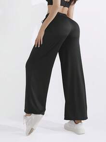 Women's Casual Drawstring Wide Leg Pants, Women's Loose Straight Drawstring Sweatpants, Suitable For Daily Wear, Hiking, Trekking, Running, Cycling - Black - View 7