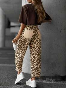 Women's Leopard Print Drawstring Knotted Pocket Contrast Color Casual Tapered Pants, Suitable For Daily Wear - Khaki - View 5