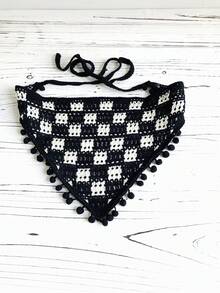 1pc Geometric Pattern Woven Hollow Polka Dot Tassel Trim Headscarf, Vintage Chic Versatile Headpiece Warm Hair Bands Winter Hair Accessories Women Bandana Soft Head Wrap