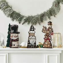 3 Pcs Christmas Tiered Tray Decor Set Wooden Santa Reindeer Snowman Signs Tabletop Ornaments For Home Holiday Party