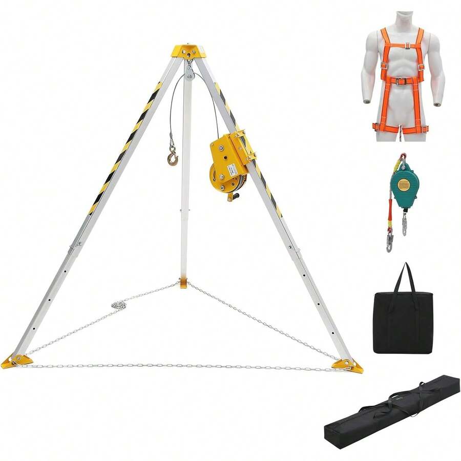 Confined Space Tripod Kit - 1200LB Winch With 8' Legs & 98' Cable, Includes 33' Fall Protection & Harness For Rescue Operations, Traditional Confined Spaces Safety. - Silver - View 1