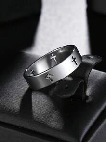 1pc Men's Silver Stainless Steel Cross Ring - Silver - View 5
