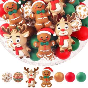 6/32 Pieces Cute 3D Christmas Elk And Gingerbread Man Silicone Beads , Silicone Beads, Fashion Designs, Beads For Jewelry Making, Perfect For DIY Bracelets, Beaded Pen Accessories, Holiday Party Decorations, Keychains And Other Handmade Crafts - Ideal Christmas Gift