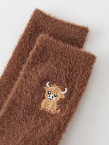 1/3/5 Pairs Women's Embroidered Plush Socks, Thick Warm Floor Socks, Cartoon Warm Sleeping Socks, Fashionable & Versatile, Coffee Color