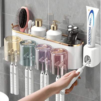 Wall-Mounted Toothbrush Holder With 2 Or 3 Or 4 Cups And Toothpaste Squeezer, Creative Bathroom Wall-Mounted Organizer For Brushing Teeth And Storage.The Color Of The Cup (Gray, Blue, Purple, Pink, Yellow) Is Random And May Not Match The Color In The Rendering, Which Is A Normal Phenomenon Home Bathroom Decor Fall Decor