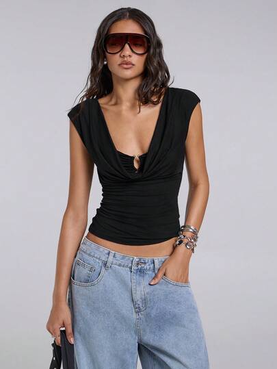 TypaGal Ropa de estilo occidental sexy para el verano, bikini de unicolor con escote de cuello de embudo y recortes, para fiestas de Año Nuevo, elegante y retro