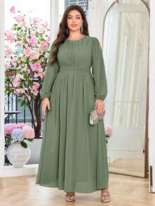 Volly Toych Elegant A-Line Maxi Chiffon Dress With Round Neck And Long Sleeves, Suitable For Bridesmaid, Wedding Guest, Unlined Sleeves, Plus Size, Autumn - Eucalyptus - View 2