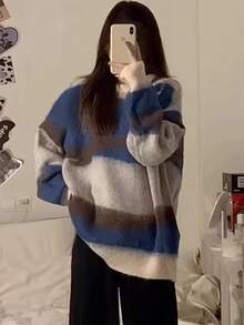 女士冬季撞色长袖圆领毛衣，女士冬季服装，套头毛衣 - 咖啡棕 - 查看 1