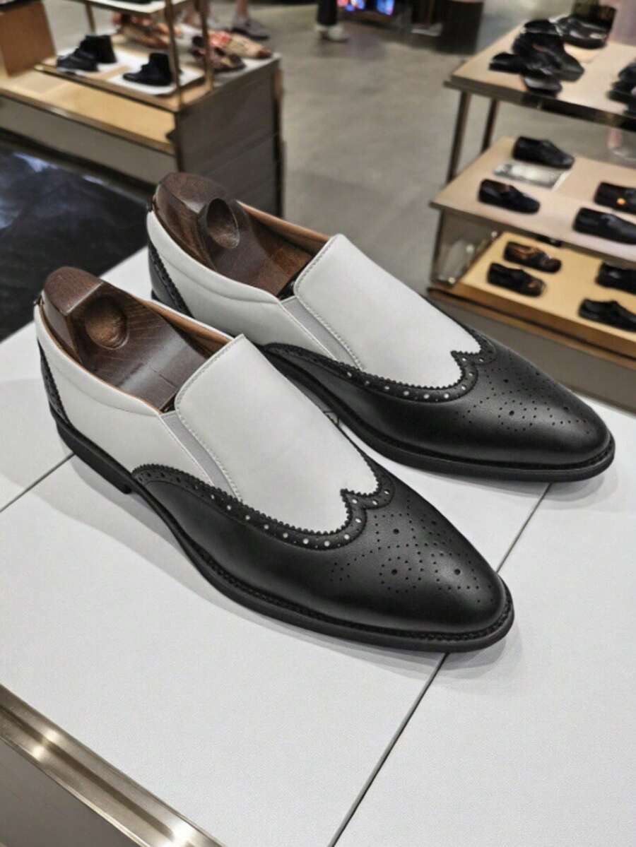English Style Brogue Carved Men's Leather Shoes, New Preppy College Business Commute Office Party Formal Uniform Dress Slip-On Oxfords