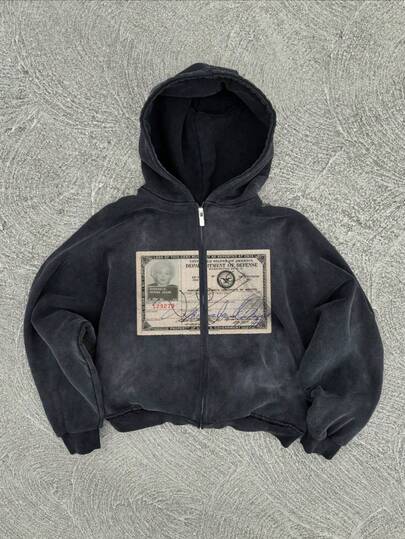 Washed Men's Autumn Dropped Shoulder Long Sleeve Zipper Collar Retro Fashion Print Casual Hoodie