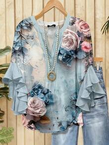 Women'S Bohemian Vintage Floral & Geometric Print Blouse With 3D Ruffle Sleeves - V-Neck Button-Front Closure, 3/4 Length Long Sleeve Round Neck Top, Multicolor Pastel Pink Blue Green White Brown On Light Blue, All-Season Casual & Semi-Formal Shirt For Spring Summer Fall Winter, Vacation & Casual Attire, Imitation Fabric With Intricate Floral Patterns, Relaxed Fit, Elegant Ruffle Sleeves, Versatile For Daily And Resort Wear, Bohemian Style Blouse For Women, Elegant Blue Blouse - Nhiều màu - Xem 1