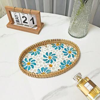 1pc/3pcs Oval Rattan Shell Tray Set, Fresh Orchid Floral Design, Suitable For Living Room, Dining Room, Breakfast, Afternoon Tea, Party Decoration Tray, Also Suitable For Desktop Jewelry, Perfume, Vase Decoration