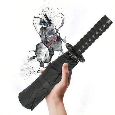 1把武士刀柄伞 - 8根伞骨三折手动伞，防紫外线防水，玻璃纤维伞骨，黑色乙烯基涂层 - 防风防水，户外旅行伴侣，晴天雨天皆宜，户外、花园、旅行必备，便携必备
