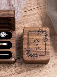 Mr & Mrs Ring Box 3 Slot For Wedding Ceremony Engagement Birthday Ring Bearer Box Wooden Engrave Wedding Ring Box- Black Lining - 棕色 - 查看 1