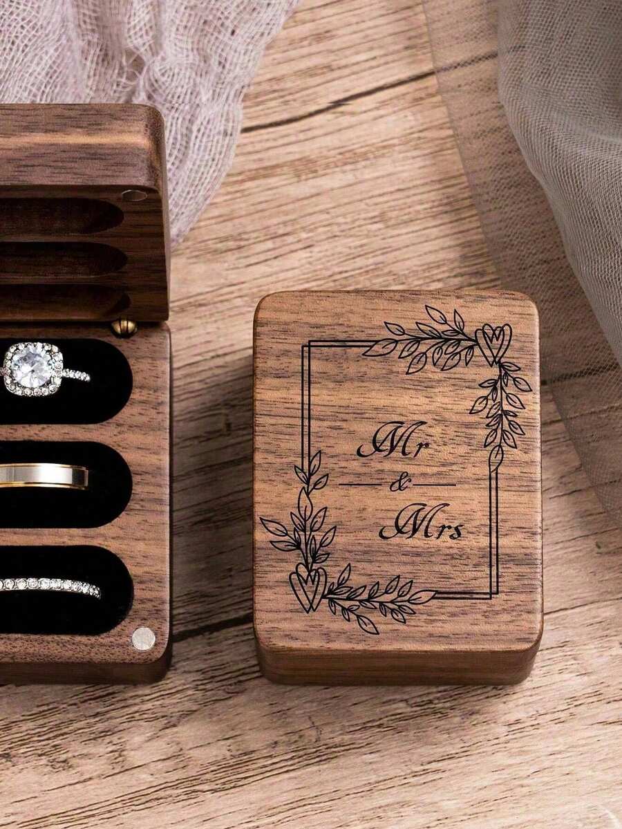 Mr & Mrs Ring Box 3 Slot For Wedding Ceremony Engagement Birthday Ring Bearer Box Wooden Engrave Wedding Ring Box- Black Lining - 棕色 - 查看 1