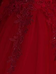 Long Sleeve Sequin Applique Tulle Elegant White Tailcoat Princess Dress, Suitable For Flower Girl, Wedding, Birthday Party, Without Headband - 酒紅色 - 查看 8