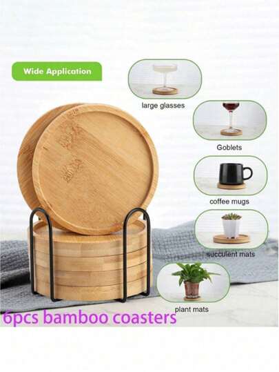 6PCS Bamboo Coasters With Holder - Multipurpose Cup Mats For Large Glasses, Goblets, Coffee Mugs, Succulent & Plant Mats, Natural Wood Drink Coasters For Home Kitchen Bar Decor