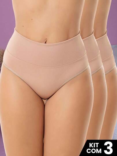 Kit 3 Calcinhas Cós Alto Feminina Suplex Modeladora Conforto Sustentação Uso Diário