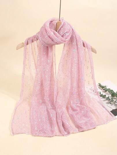 1件装女士轻薄纯色亮片头巾，可作头巾、中东头巾、装饰披肩、防晒沙滩巾，适合日常使用