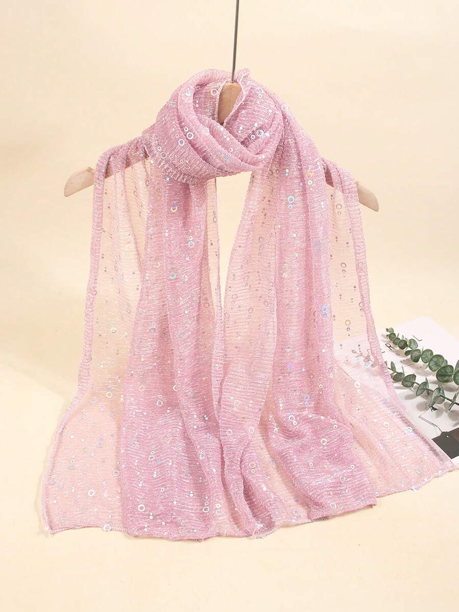 1 chiếc khăn bandana mỏng nhẹ, màu trơn đính sequin dành cho nữ, khăn trùm đầu, khăn hijab kiểu Trung Đông, khăn choàng trang trí, khăn che nắng đi biển, thích hợp sử dụng hàng ngày. - Hồng - Xem 1
