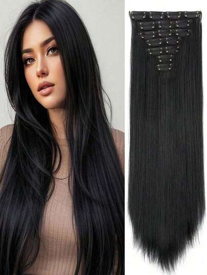 Clip In Hair Extensions Black Color 18-32Inch 12 PCS Set Long Straight Hair Extension Synthetic Hairpieces For Women Girls Daily Use