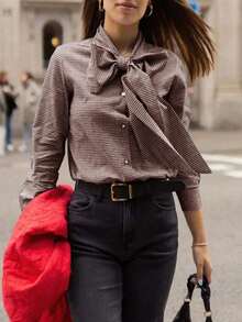 Women's Elegant Plaid Button Down Blouse Long Sleeve Bow Tied Neck Versatile For Casual & Dressy Occasions - 棕色 - 查看 1