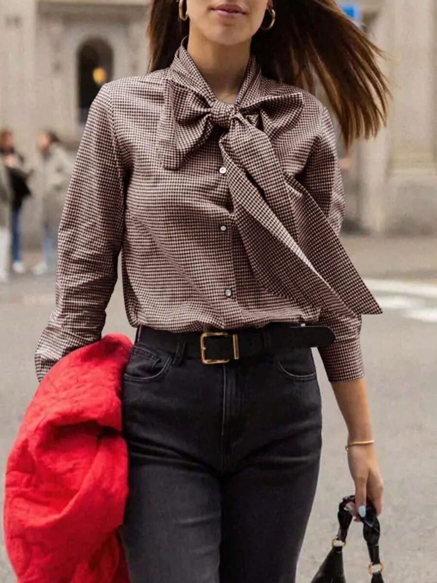 Women's Elegant Plaid Button Down Blouse Long Sleeve Bow Tied Neck Versatile For Casual & Dressy Occasions - 棕色 - 查看 1