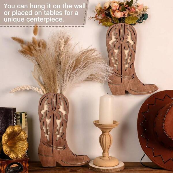 1pc Western Ranch Decor - Cowboy Boots Planter With Hanging Base, Brown Wood Vase For Indoor/Outdoor - Rustic Farmhouse Decorations, Western Living Room, Bathroom, Bedroom - Cowboy Boot-Shaped Plant Holder - Boho Style Wooden Wall Planter With Rustic Green Hanging Design - Sturdy Wooden Construction - Perfect For Cacti, Succulents, Herbs - Western Home Decor Gift Idea