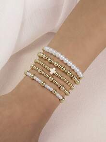 Set de 5 piezas de pulseras elásticas con cuentas doradas y perlas falsas de estilo bohemio, juego de joyería con cruz como regalo del Día de San Valentín para niñas y mujeres jóvenes