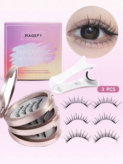 MAGEFY 3对卡通造型磁吸假睫毛套装，包含睫毛夹+眉毛修剪器，CC卷翘自然妆效，可重复使用，配有1个专业睫毛夹，圆形磁吸设计，无需胶水，易于佩戴和卸除，妆效自然，3D卡通造型，精致柔软，适合海滩、露营、旅行等场合。