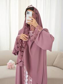 1 套头巾 + 开放式阿巴亚伊斯兰中长连衣裙，土耳其迪拜阿巴亚长袍带头巾，适合穆斯林女性日常穿着 - 彩色 - 查看 2