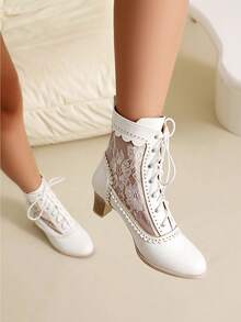 Retro Style Victorian Ankle Boots Lace Hollow Mesh Heel Shoes Fashionable Lace-Up Spliced Brogue Ladies High Heels Woman - White - View 2
