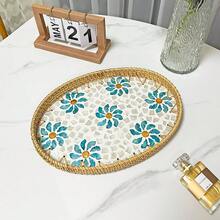 1件/3件椭圆形藤制贝壳托盘套装，清新兰花花卉图案，适合客厅、餐厅、早餐、下午茶、派对装饰托盘，也适合桌面首饰、香水、花瓶装饰 - 藍色 - 查看 3