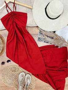 Women's Long, Flowy Strapless Dress With Tie Detail - 紅色 - 查看 2