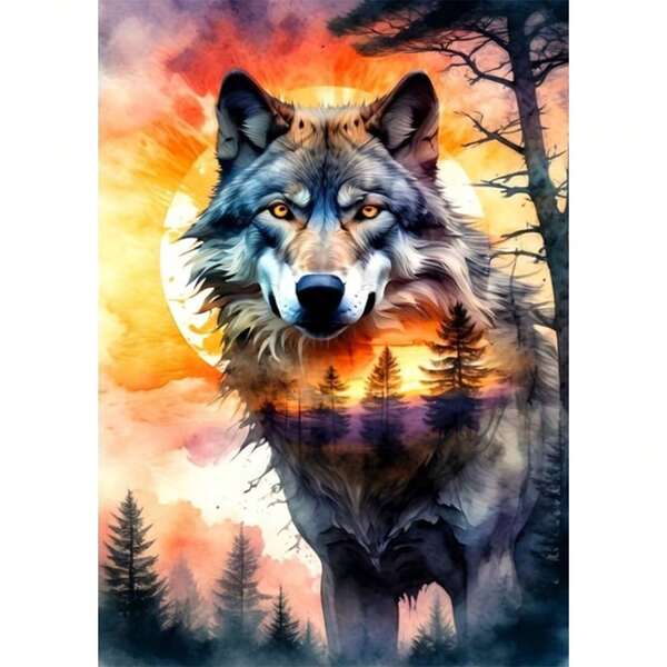 طقم رسم الماس 5D - ذئب في الغابة، 11.8 * 15.7 بوصة بدون إطار، فن الماس DIY، تطريز قماش دائري، مناسب لديكور المنزل، رسم الماس بشكل خاص