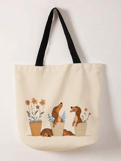 狗狗图案双面印花单肩手提包 印花手提包 休闲旅行沙滩包 大容量可重复使用单肩购物袋 女士休闲单肩包 手提包 大容量帆布沙滩包 手提包 购物袋 印花女士杂货单肩包