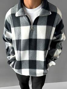 Men's Old Money Men Plaid Plush Quarter Zip Sweatshirt, Long Sleeve Top - Grey - View 2