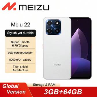 Meizu Mblu 22 3+64G 4+128G 智能手机全球版 5000mAh 高容量电池 超级流畅 6.79 英寸显示屏 双 SIM 卡 Android 15